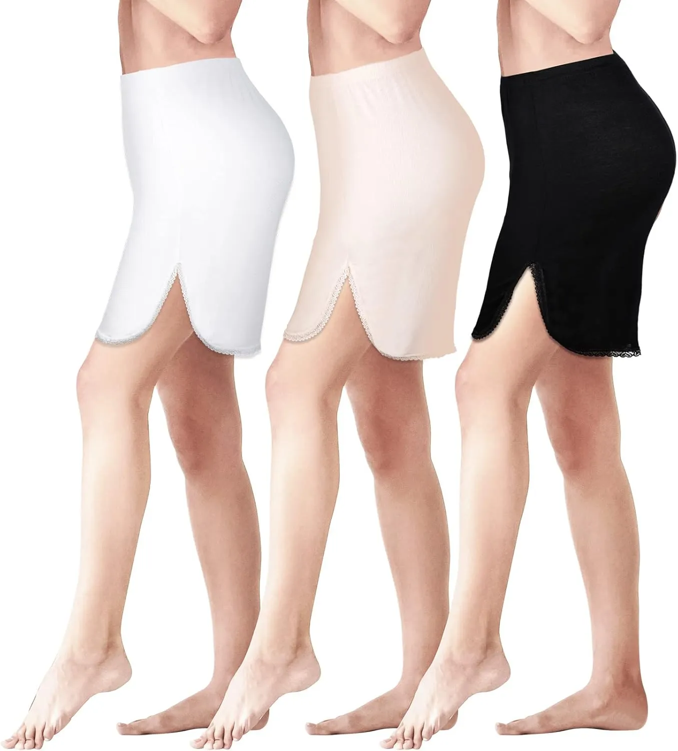 3 Pieces Half Slip for Women Under Dresses Lace Short Trim Half Slips for Underskirt Black White Nude Half Slip Dress