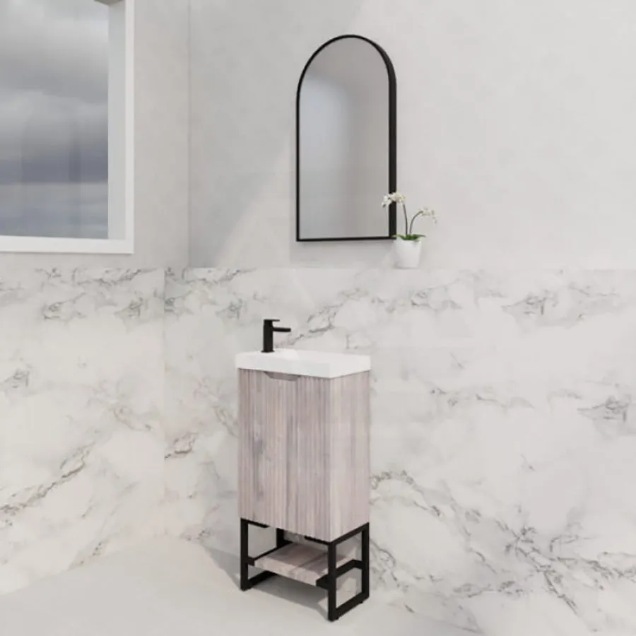 450x250x830mm Vienna White Oak Fluted Freestanding One Door Mini Vanity with Overflow Poly Top