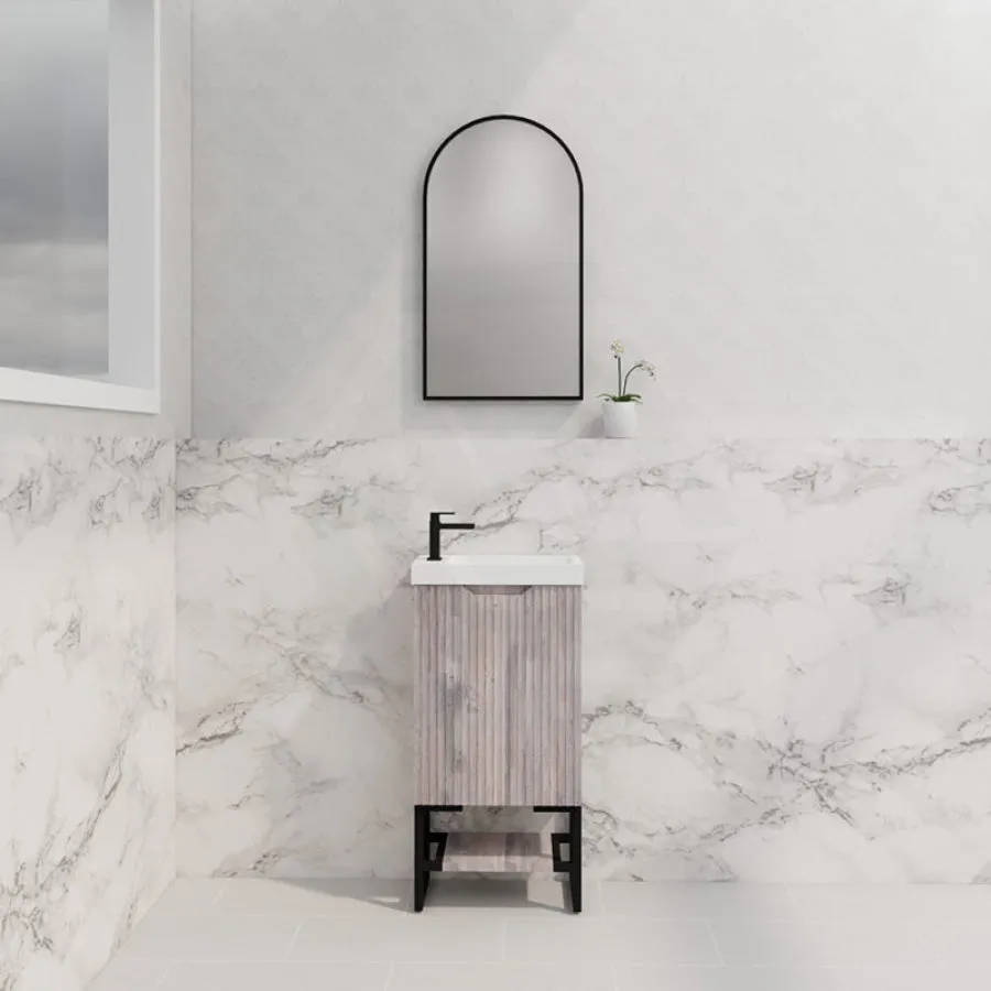450x250x830mm Vienna White Oak Fluted Freestanding One Door Mini Vanity with Overflow Poly Top