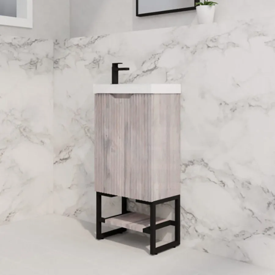 450x250x830mm Vienna White Oak Fluted Freestanding One Door Mini Vanity with Overflow Poly Top