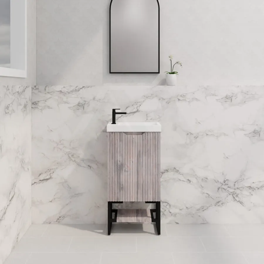 450x250x830mm Vienna White Oak Fluted Freestanding One Door Mini Vanity with Overflow Poly Top