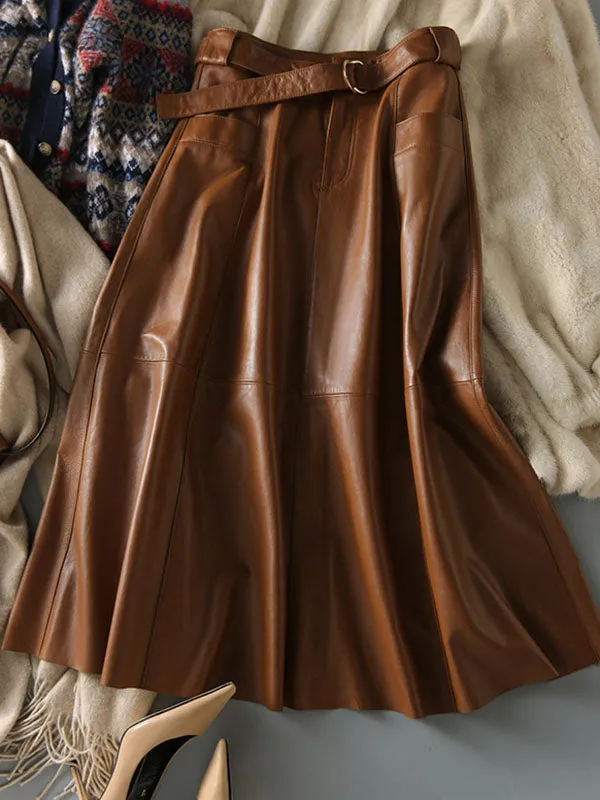 A-Line High Waisted Belted Buttoned Pockets Solid Color Split-Joint Zipper Skirts Bottoms