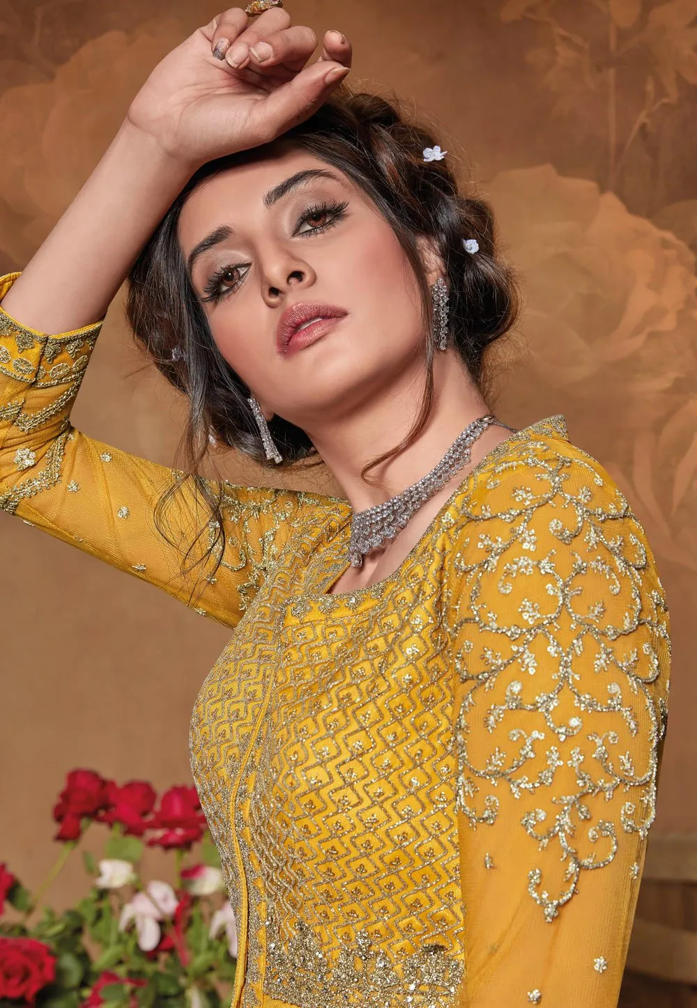 Adorable Yellow Net Embroidered Floor Length Anarkali Suit