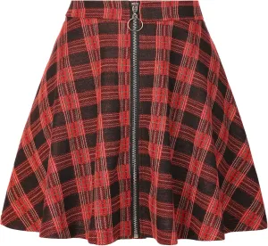 Allegra K Women's Christmas Plaid High Waist Casual A-Line Flare Zip-Up Preppy Checks Flare Mini Skirts