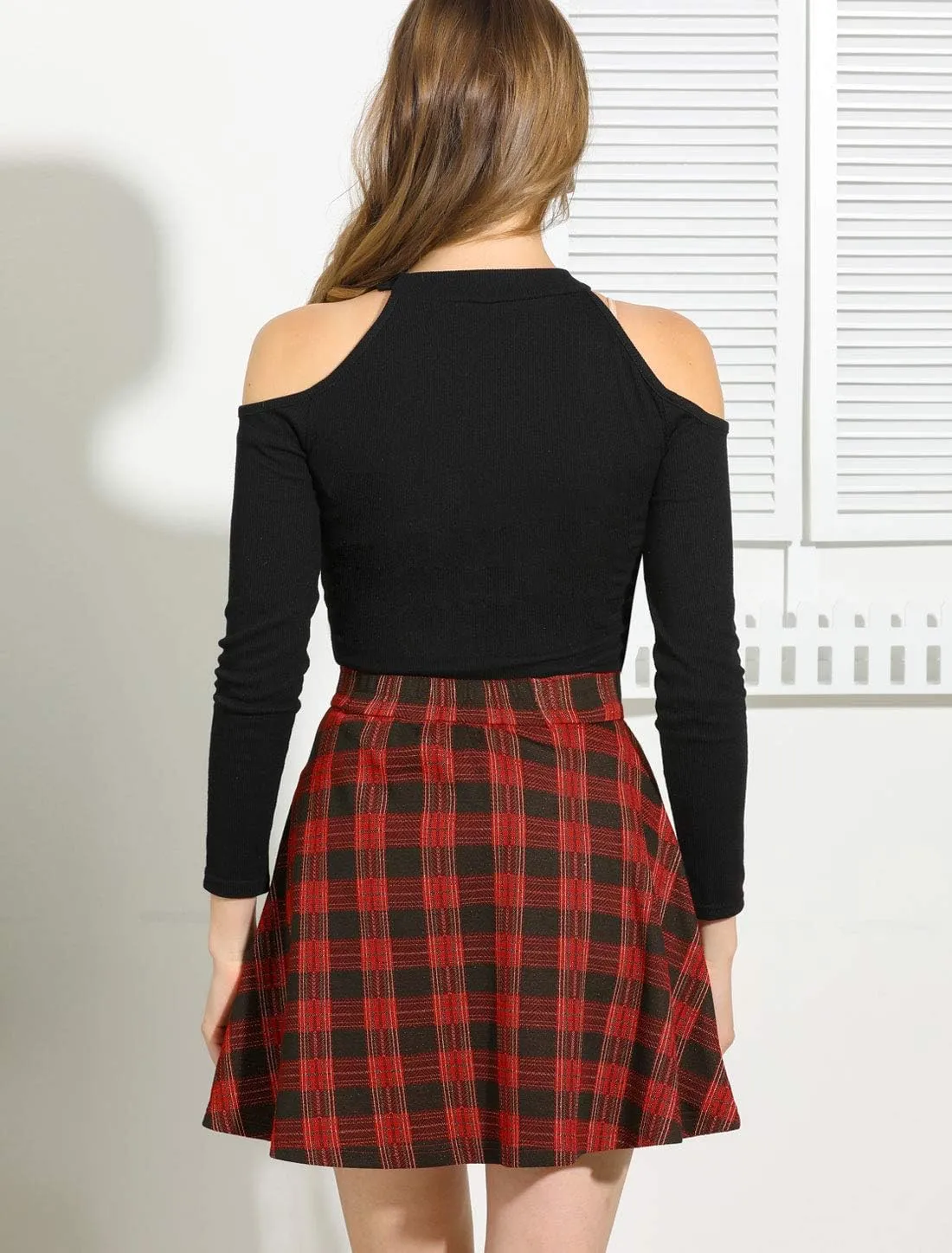 Allegra K Women's Christmas Plaid High Waist Casual A-Line Flare Zip-Up Preppy Checks Flare Mini Skirts