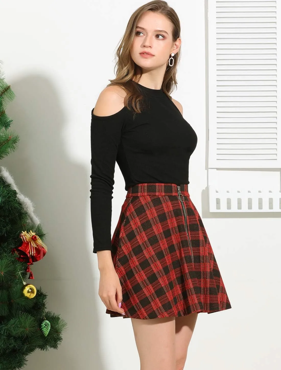 Allegra K Women's Christmas Plaid High Waist Casual A-Line Flare Zip-Up Preppy Checks Flare Mini Skirts