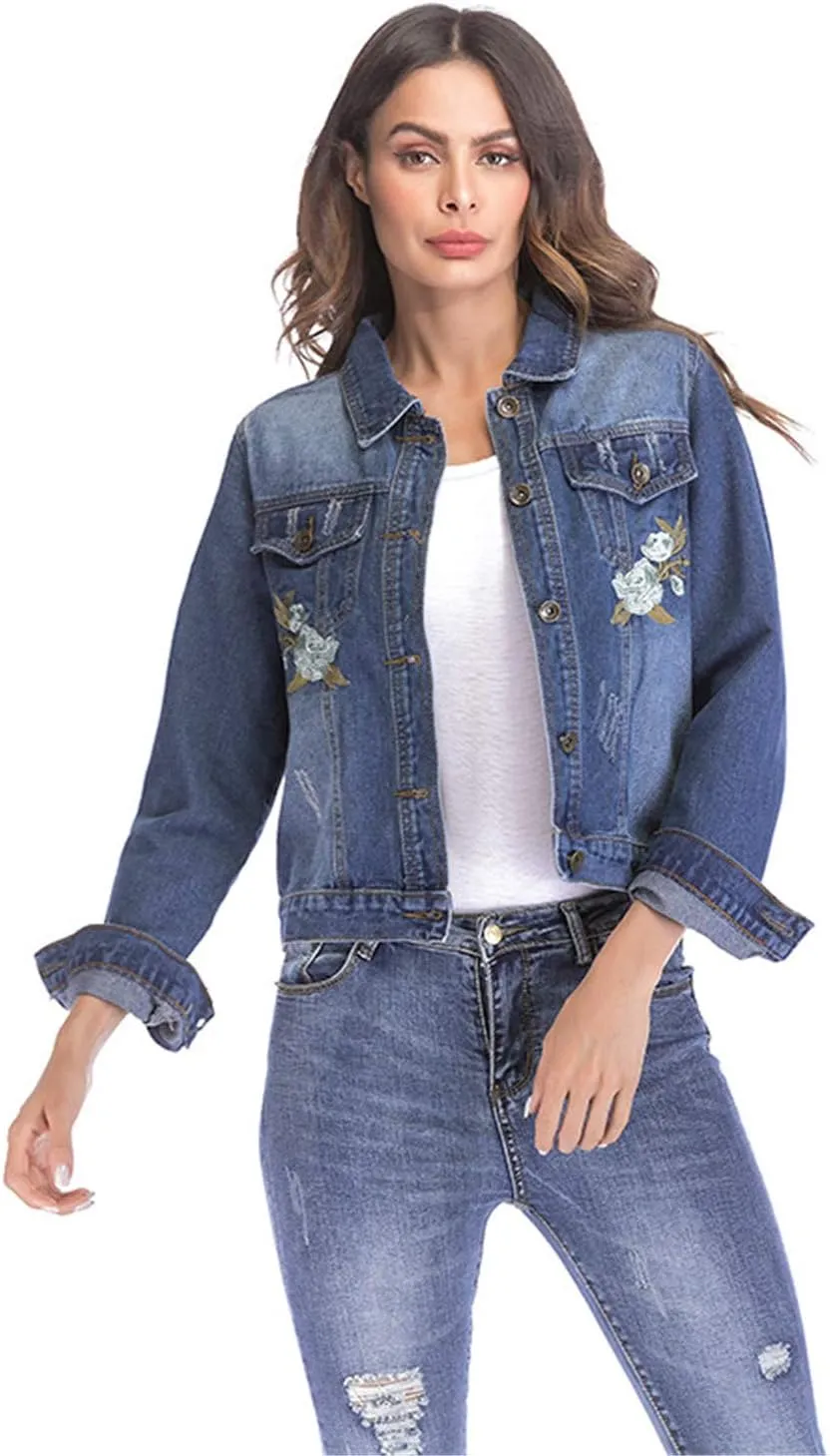 Andongnywell Women's Stretch Denim Jacket Embroidered Denim Jean Jacket Coat Classic Lightweight Jacket