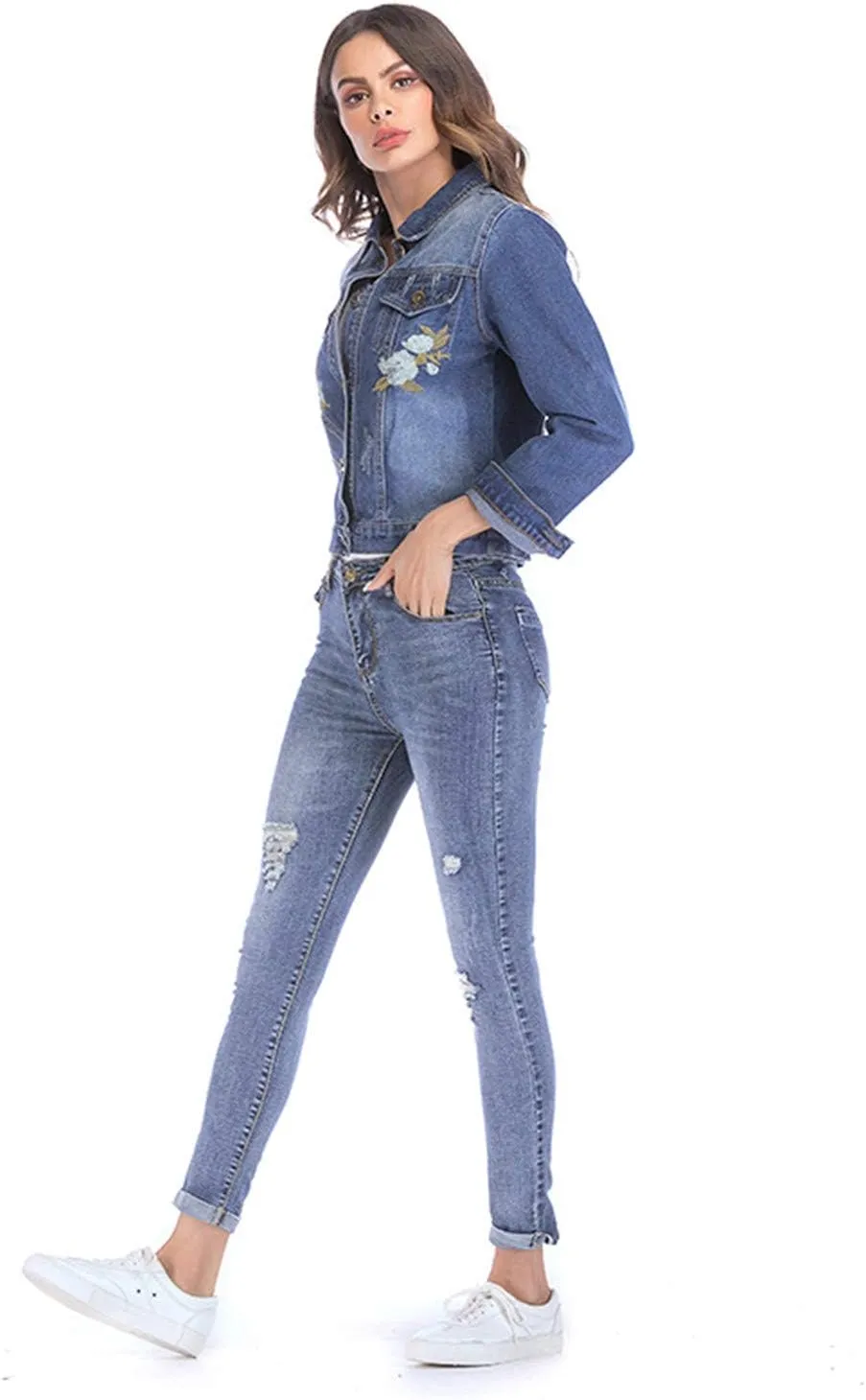 Andongnywell Women's Stretch Denim Jacket Embroidered Denim Jean Jacket Coat Classic Lightweight Jacket