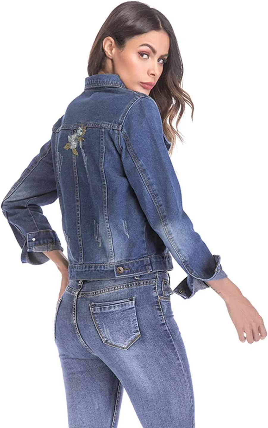 Andongnywell Women's Stretch Denim Jacket Embroidered Denim Jean Jacket Coat Classic Lightweight Jacket