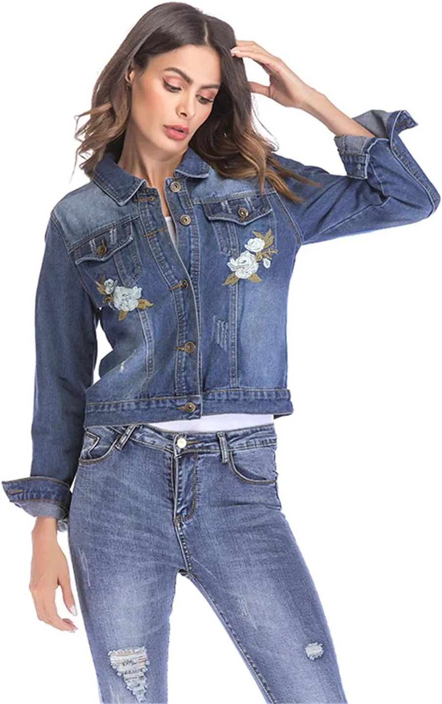 Andongnywell Women's Stretch Denim Jacket Embroidered Denim Jean Jacket Coat Classic Lightweight Jacket