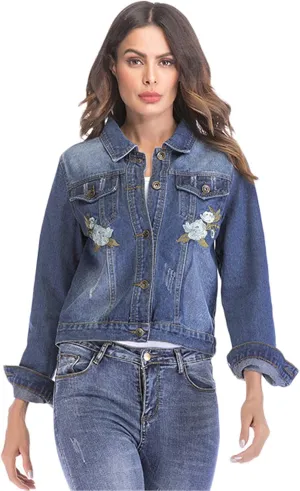 Andongnywell Women's Stretch Denim Jacket Embroidered Denim Jean Jacket Coat Classic Lightweight Jacket