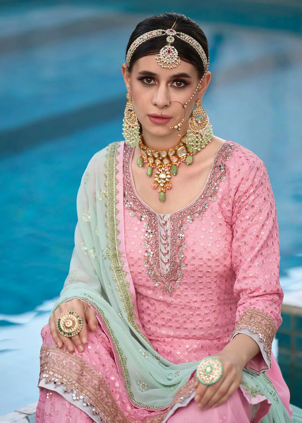 Beautiful Soft Pink Heavy Embroidered Festive Gharara Style Suit