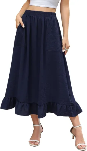Berydress Women's Midi Skirts with Pockets Elastic High Waist Flowy Swing A Line Casual Tiered Ruffle Skirt