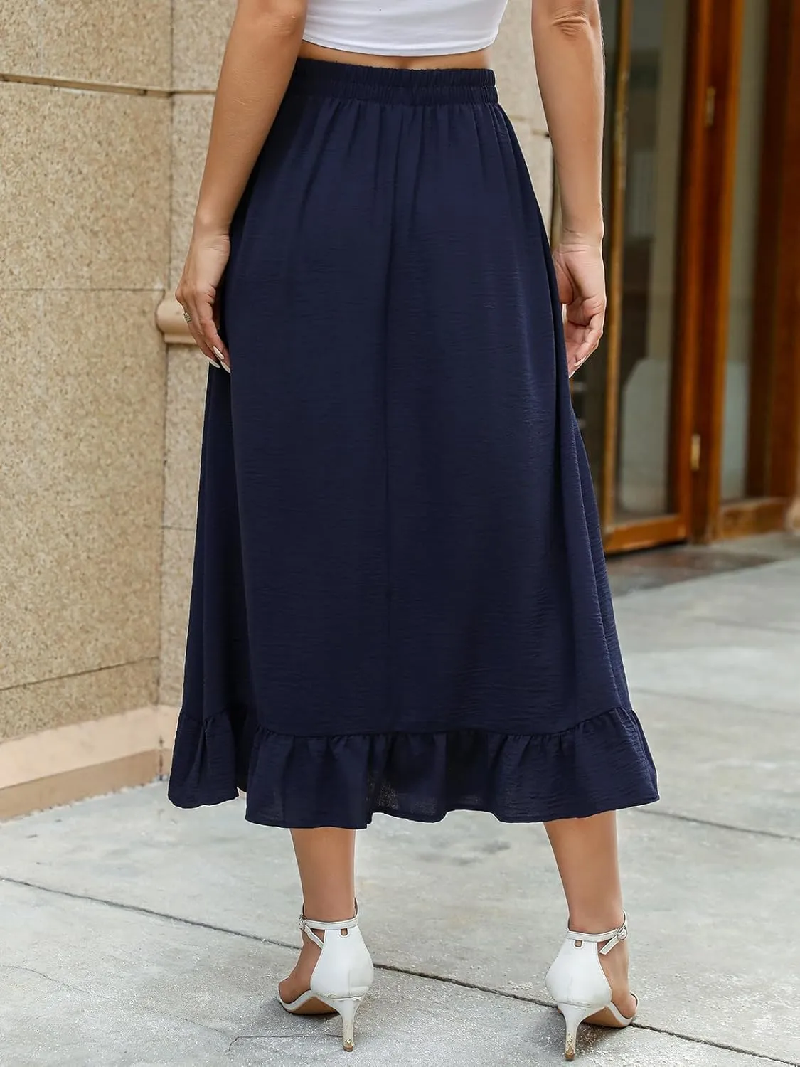 Berydress Women's Midi Skirts with Pockets Elastic High Waist Flowy Swing A Line Casual Tiered Ruffle Skirt
