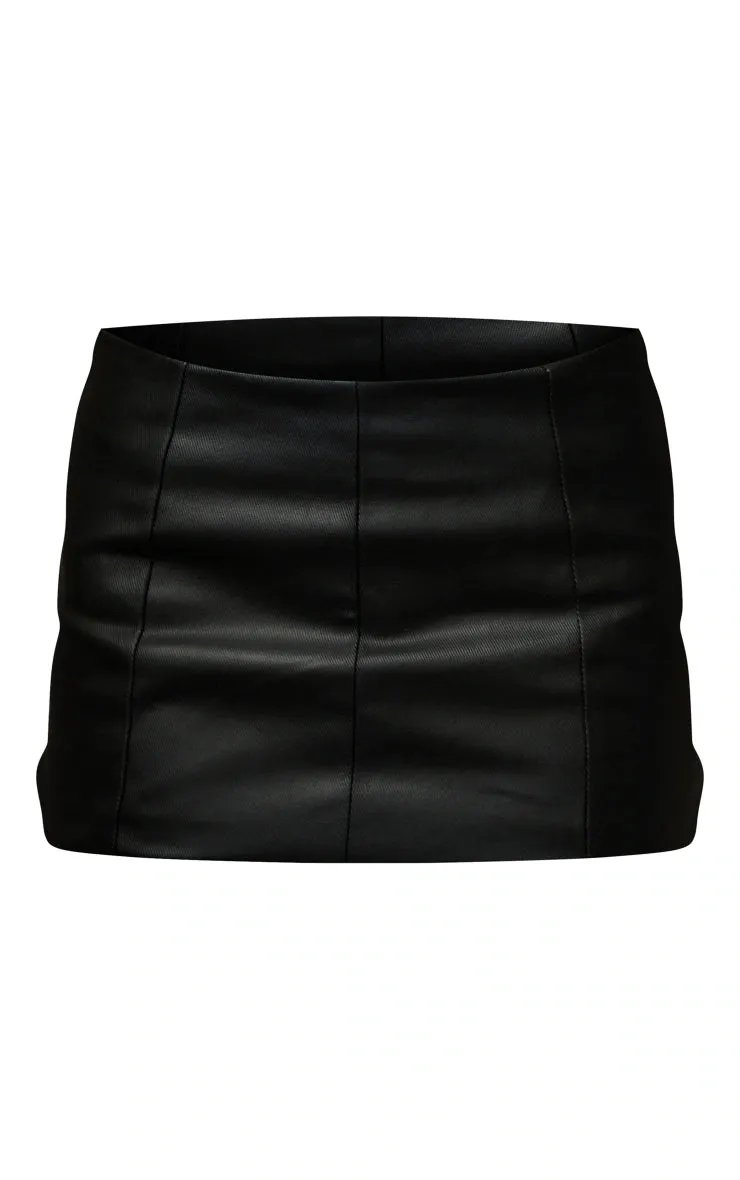 Black Coated Denim Low Rise Mini Skirt