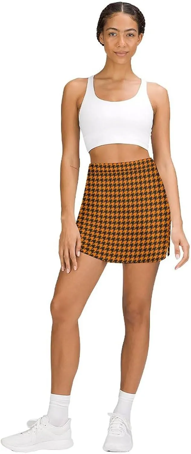 Black Orange Houndstooth Print Skorts for Woman, Athletic Mini Tennis Skirt Golf Skirt for Women with Pocket