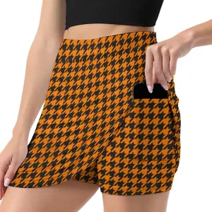 Black Orange Houndstooth Print Skorts for Woman, Athletic Mini Tennis Skirt Golf Skirt for Women with Pocket