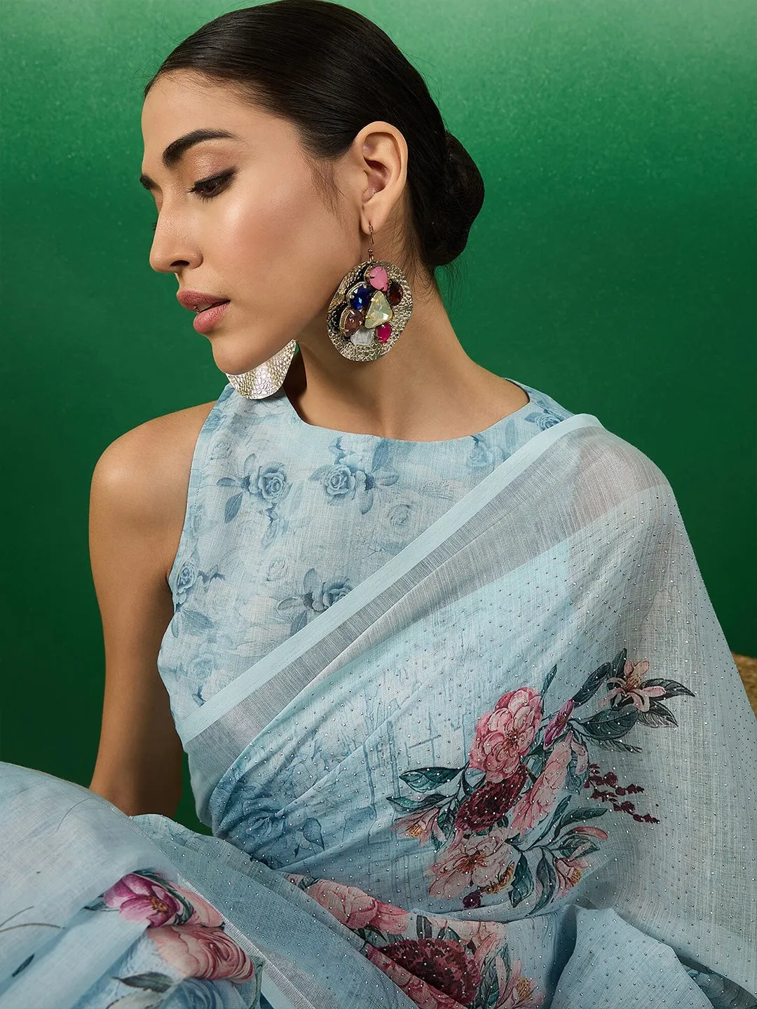 Blue Floral Printed Embellished Linen Blend Saree