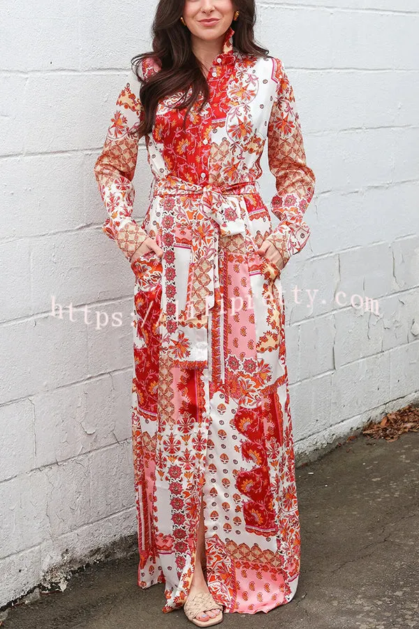 Bohemian Style Unique Printed Shirt Waist Tie Maxi Dress
