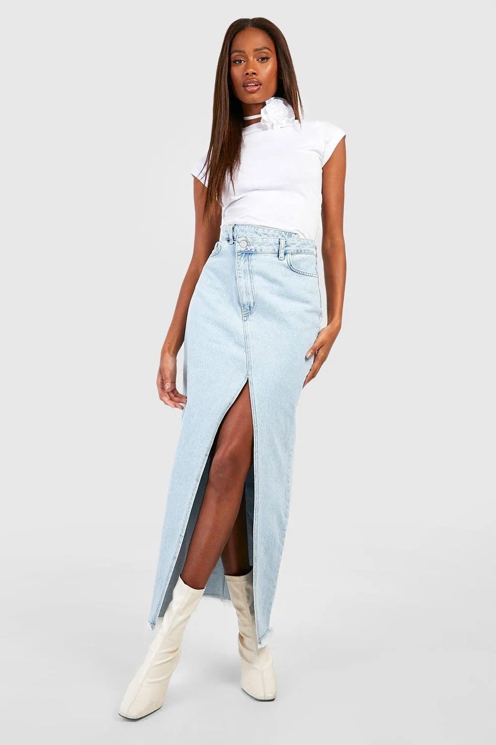 Boohoo Asymmetrical Denim Skirt with Front Camera Slits, Blue