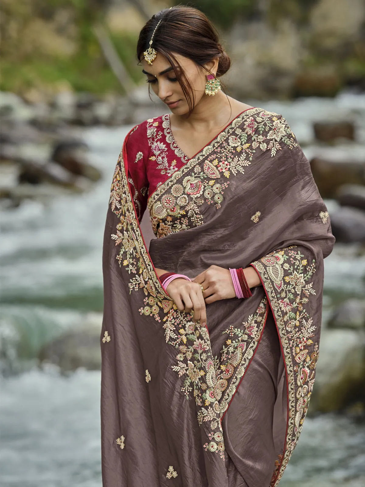 brown crackle crush saree with maroon silk blouse