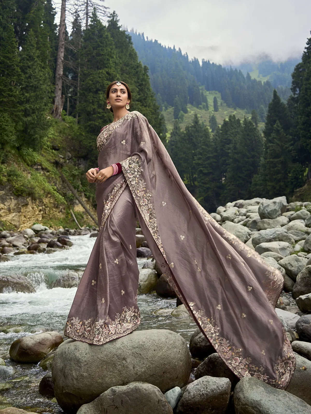 brown crackle crush saree with maroon silk blouse