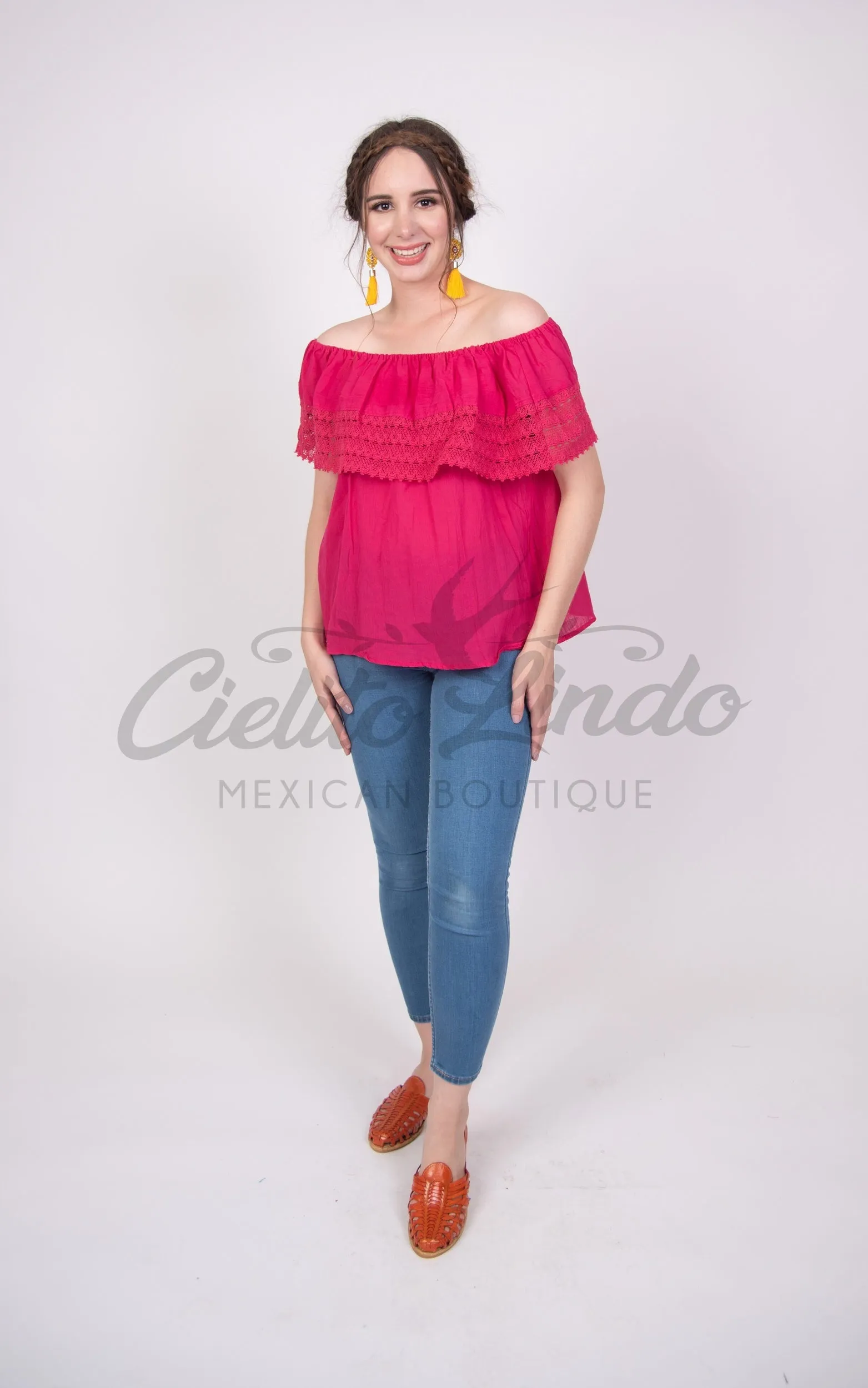 Campesina Off the Shoulder Blouse Hot Pink