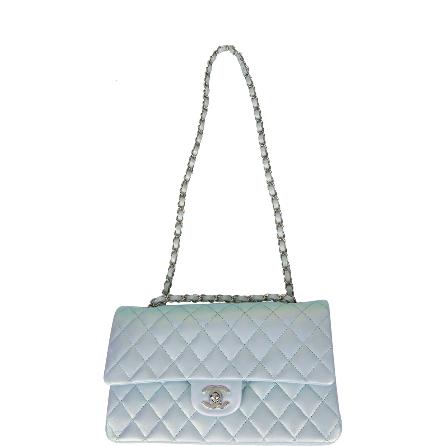 Chanel Medium Classic Double Flap Bag Blue Iridescent Lambskin Silver Hardware