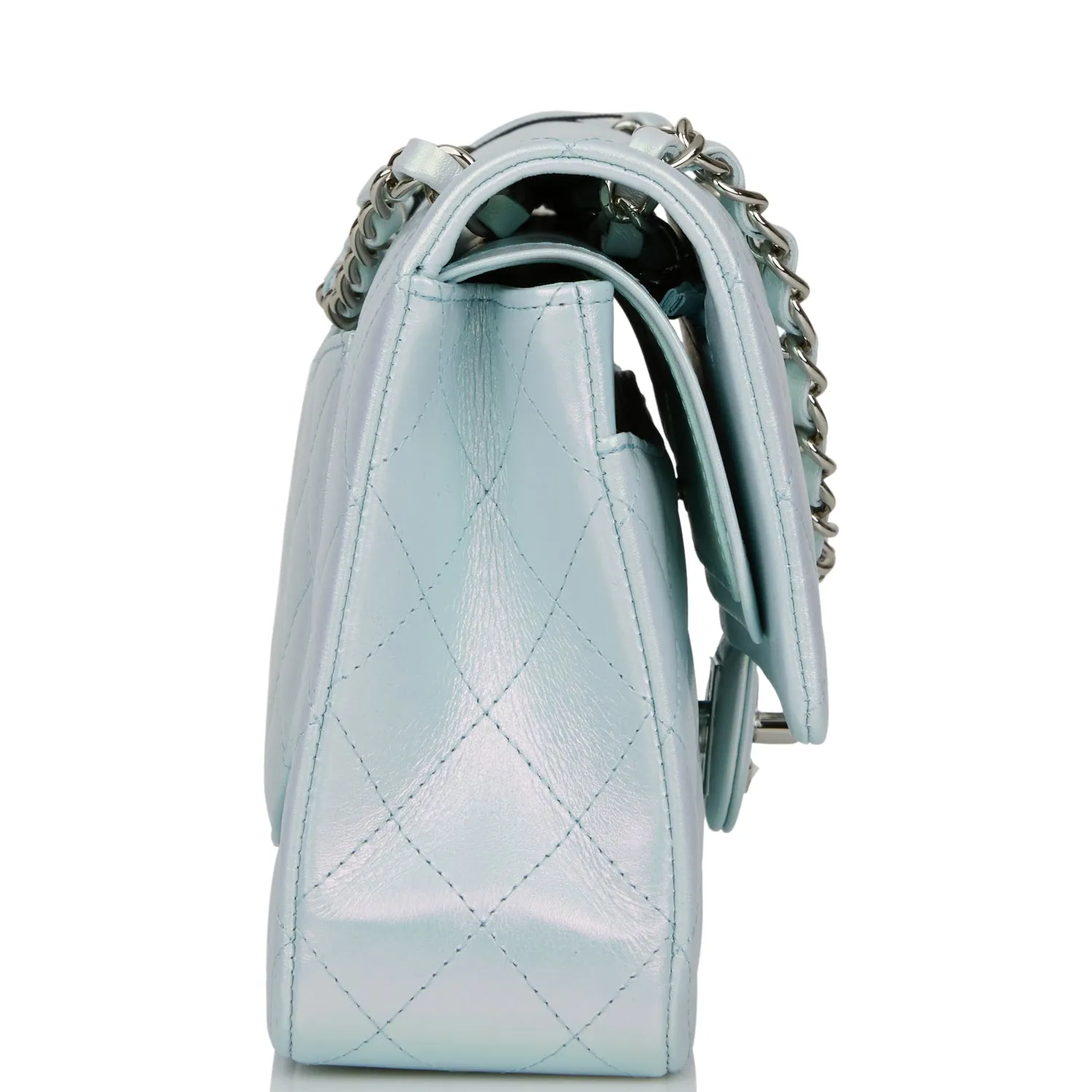 Chanel Medium Classic Double Flap Bag Blue Iridescent Lambskin Silver Hardware