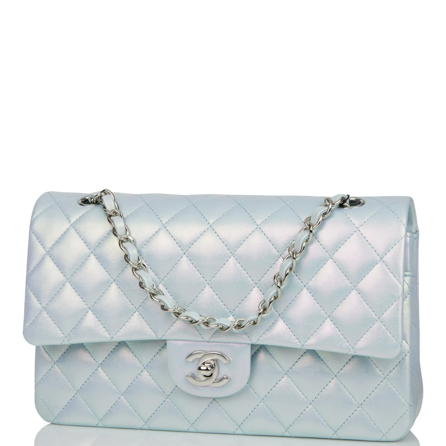 Chanel Medium Classic Double Flap Bag Blue Iridescent Lambskin Silver Hardware