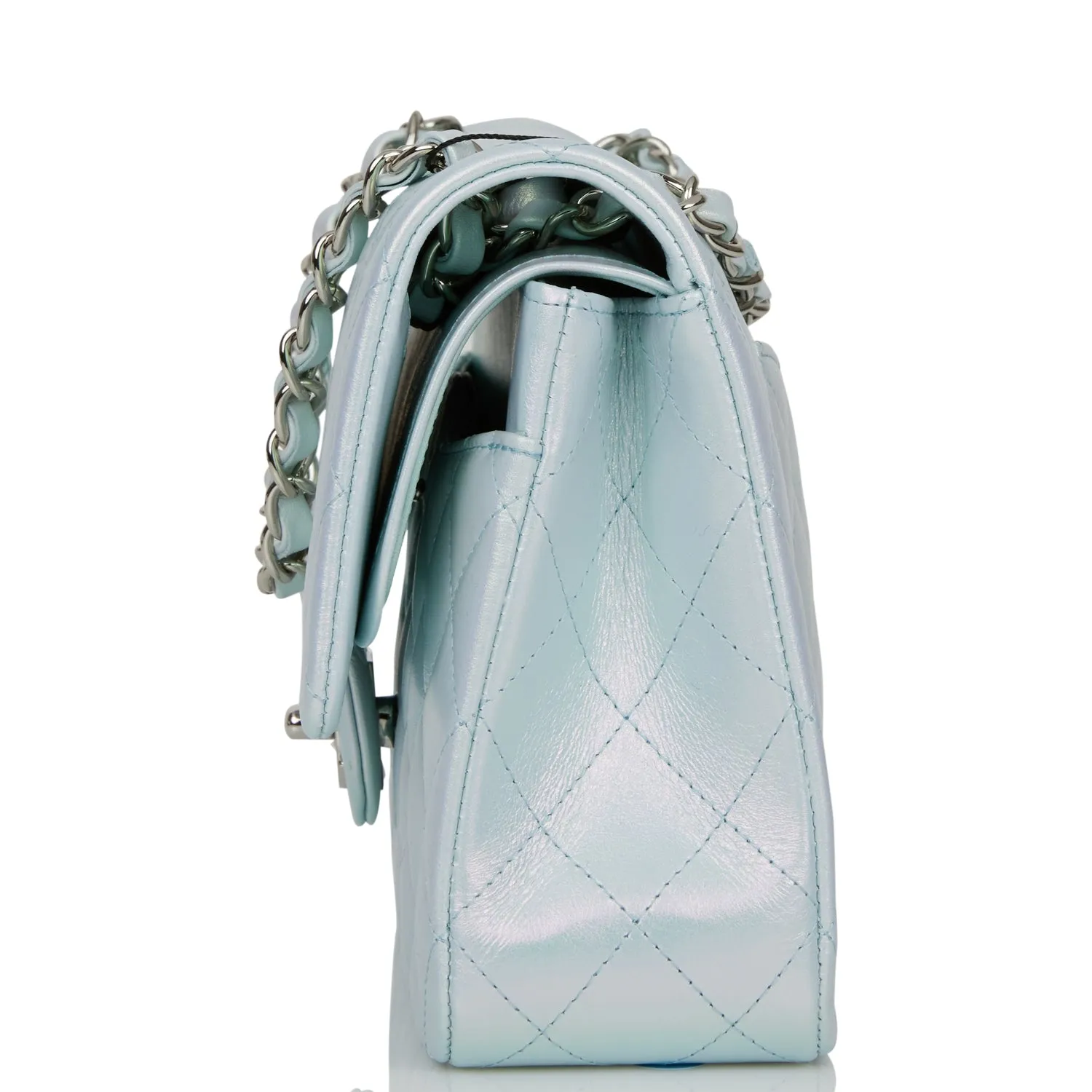 Chanel Medium Classic Double Flap Bag Blue Iridescent Lambskin Silver Hardware
