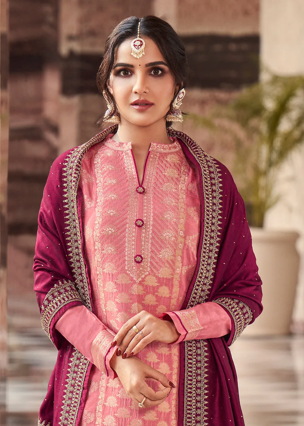 Charming Pink Dola Silk Jacquard Festival Salwar Kameez