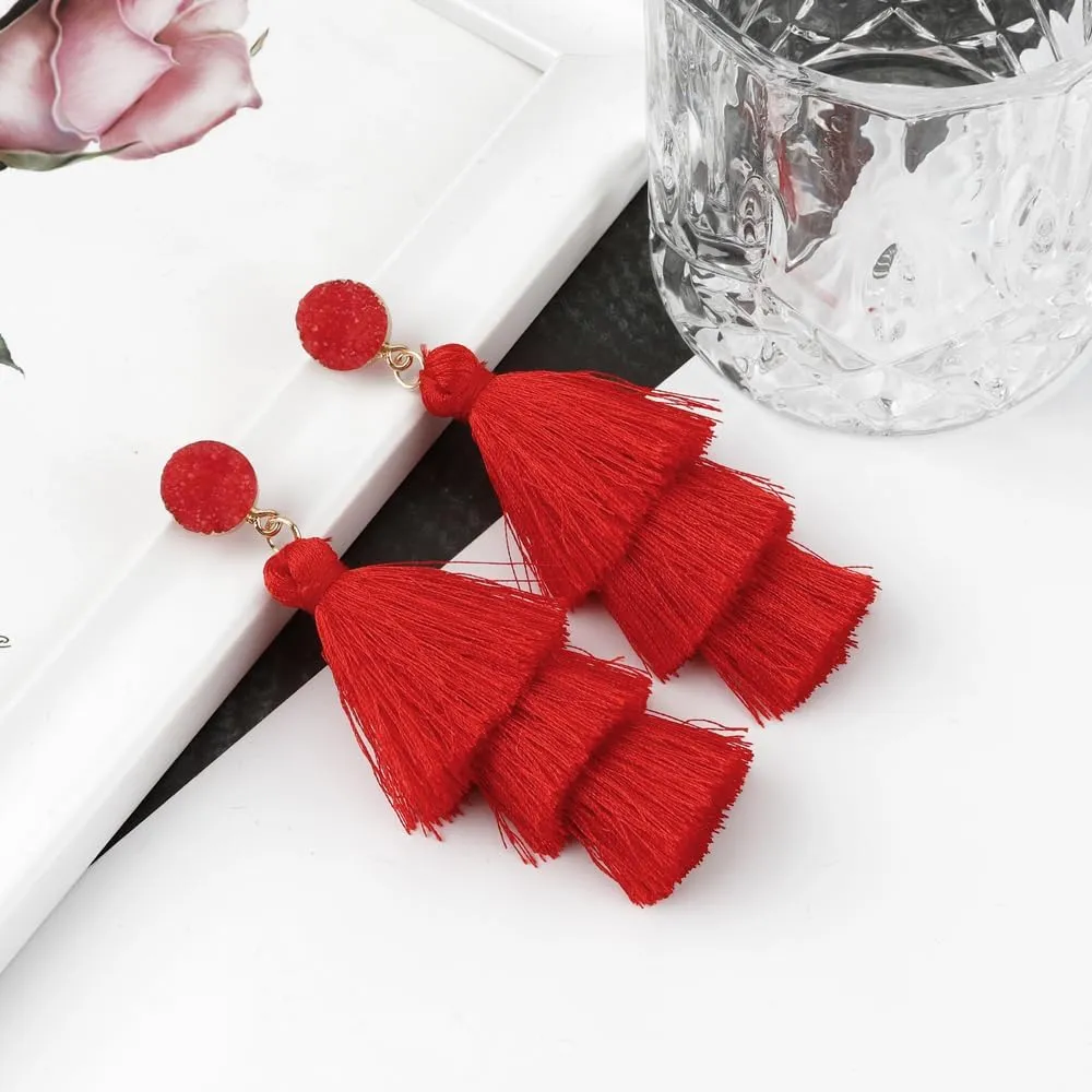 Colorful Tassel Earrings for Women Layered Christmas Earrings Bohemian Tiered Fringe Dangle Drop Earrings Halloween Valentines Earring for Girls Teen Mother's Birthday Thanksgiving Gift