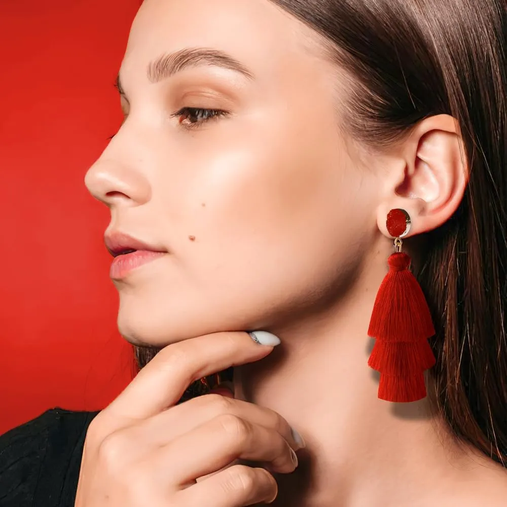 Colorful Tassel Earrings for Women Layered Christmas Earrings Bohemian Tiered Fringe Dangle Drop Earrings Halloween Valentines Earring for Girls Teen Mother's Birthday Thanksgiving Gift