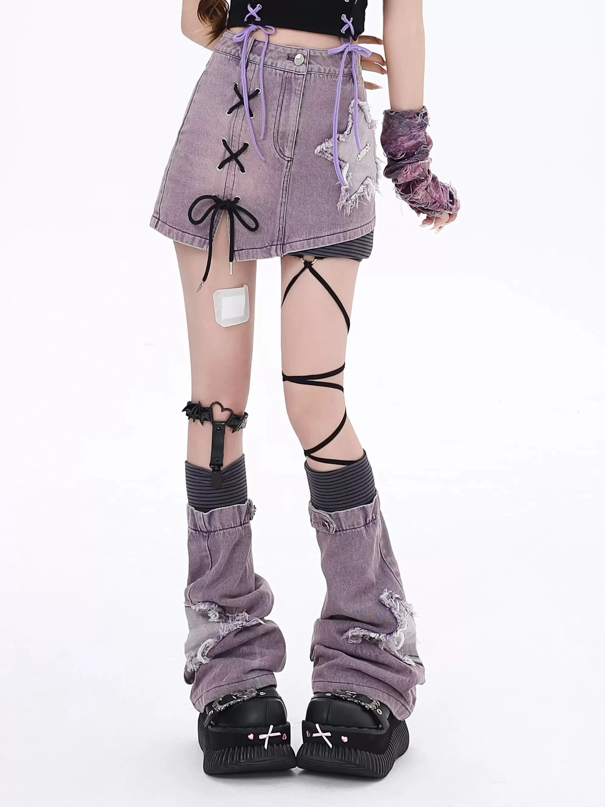 Crazy Girl Star Purple & Black Denim Mini Skirt Leg Warmers Two Piece Set