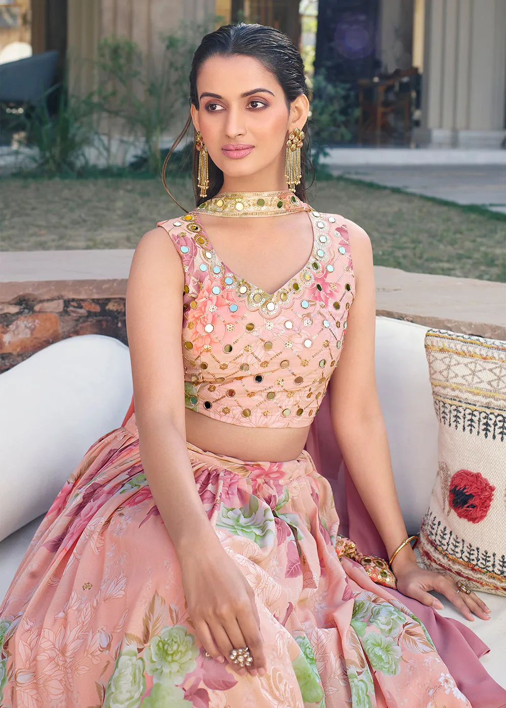Crystal Floral Pink Printed Embroidered Designer Lehenga Choli