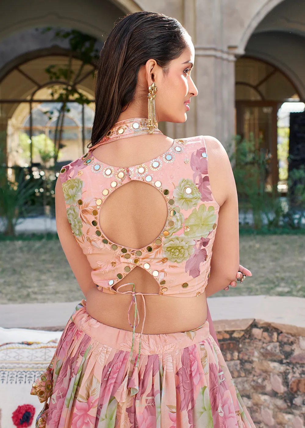 Crystal Floral Pink Printed Embroidered Designer Lehenga Choli
