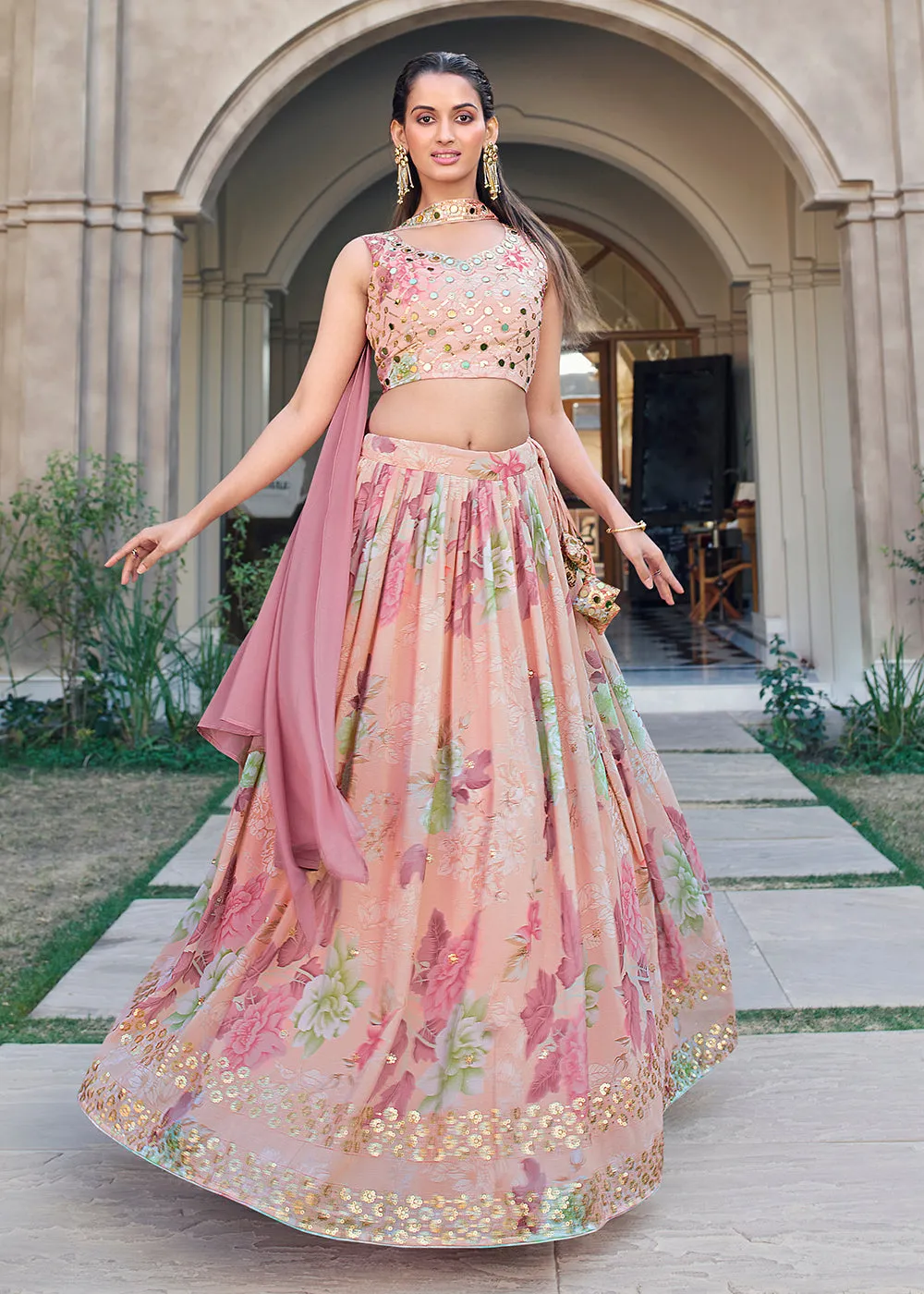 Crystal Floral Pink Printed Embroidered Designer Lehenga Choli