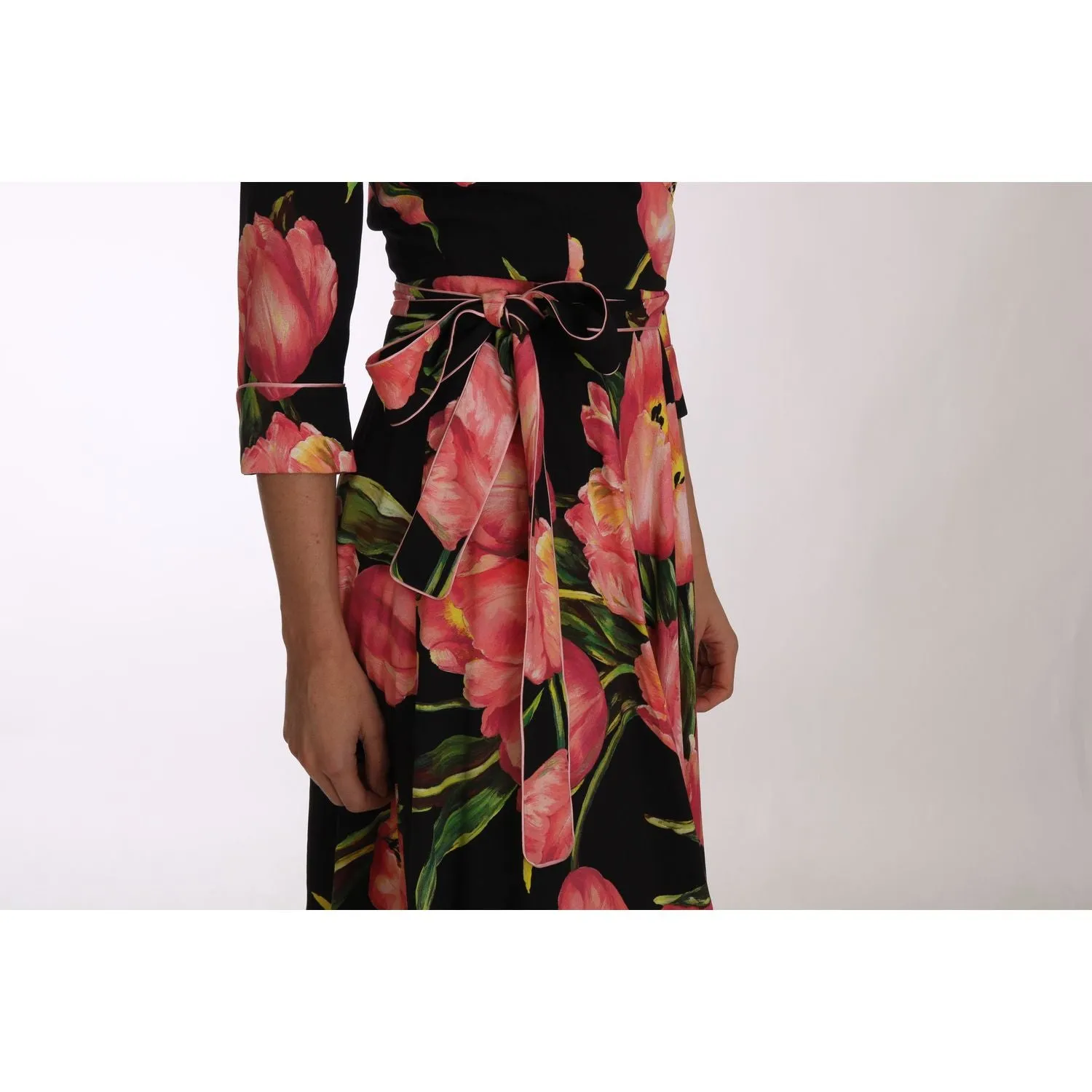 Dolce & Gabbana Elegant Black Shift Dress with Pink Tulips Print