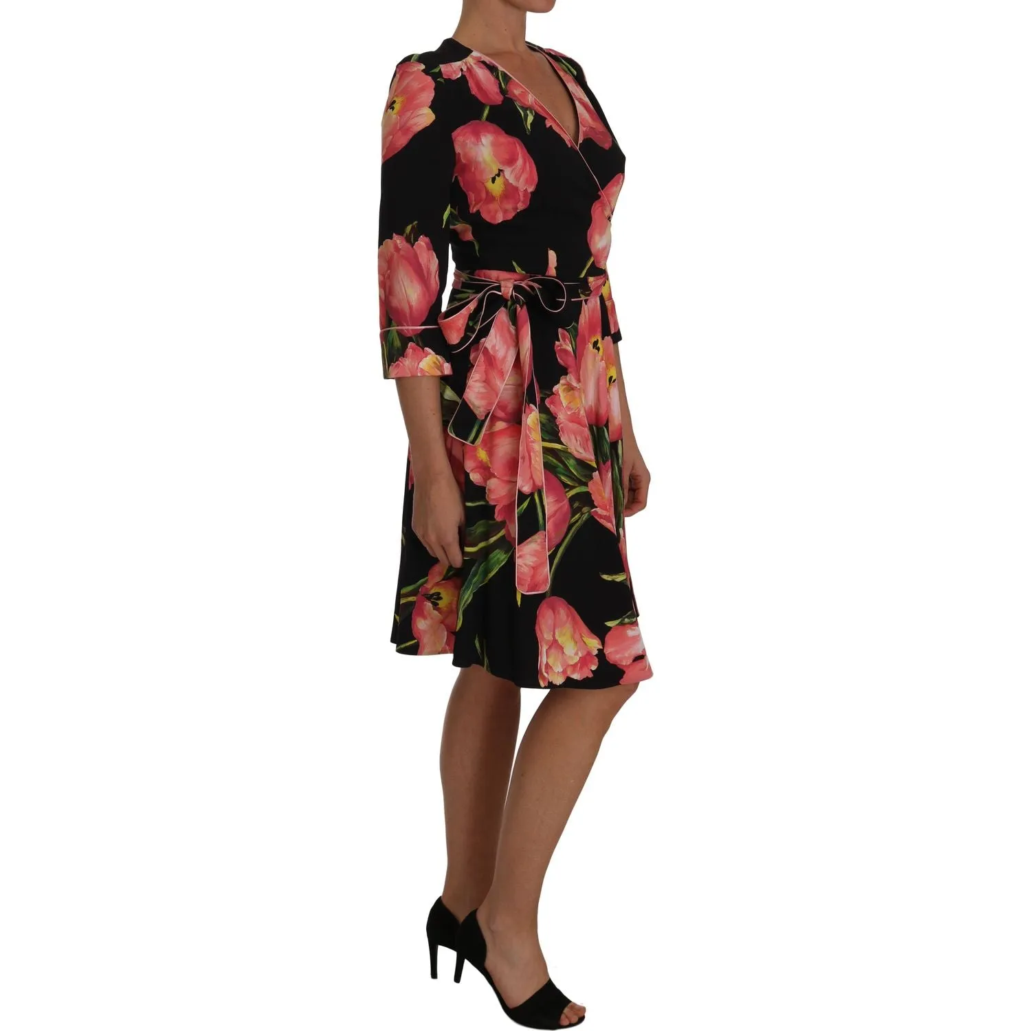 Dolce & Gabbana Elegant Black Shift Dress with Pink Tulips Print