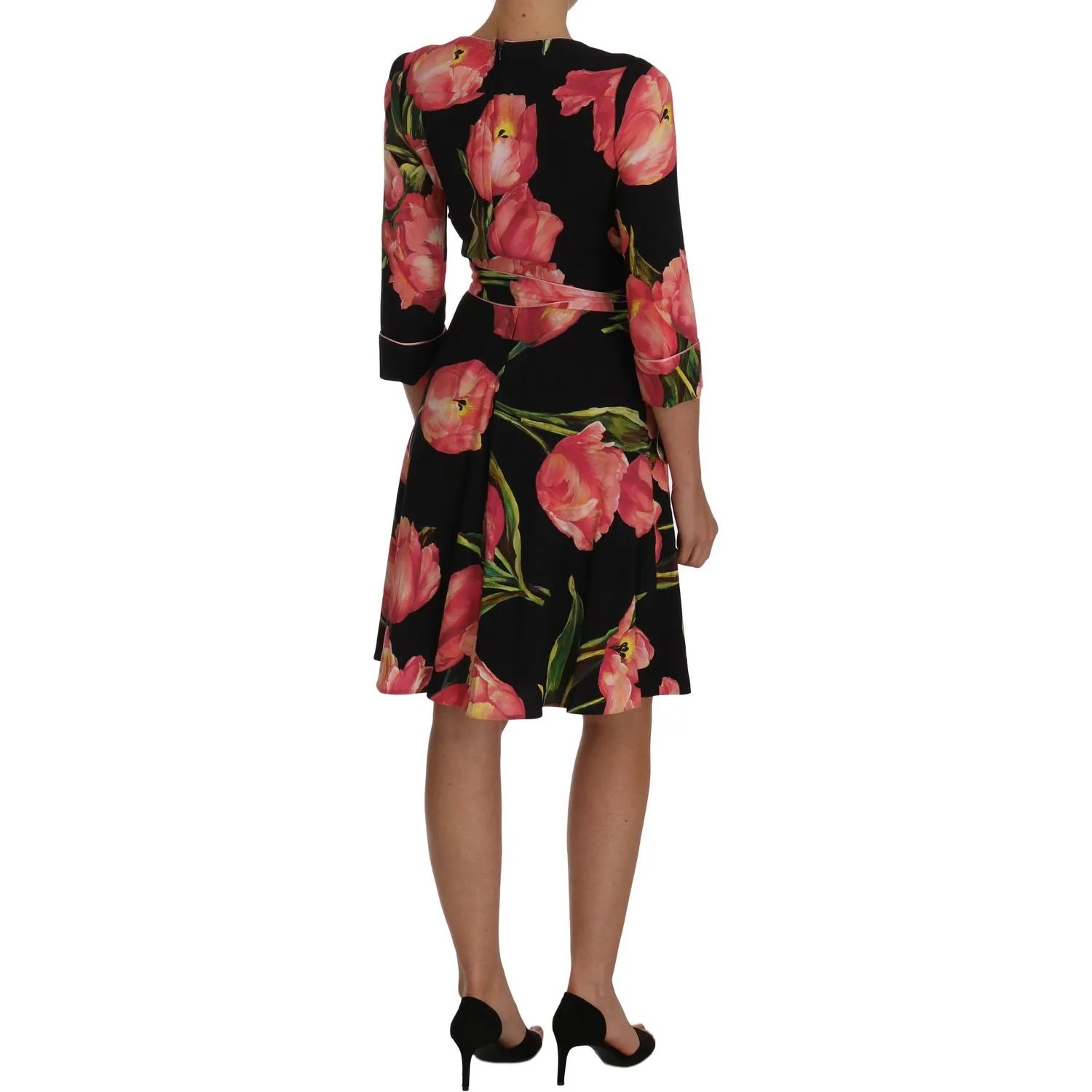 Dolce & Gabbana Elegant Black Shift Dress with Pink Tulips Print