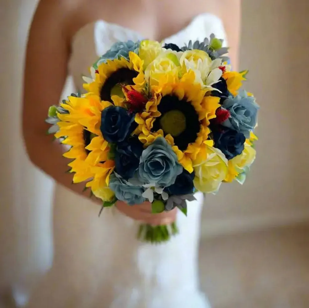 Dusty Blue, Sunflower And Yellow Artificial Rose Bouquet Package