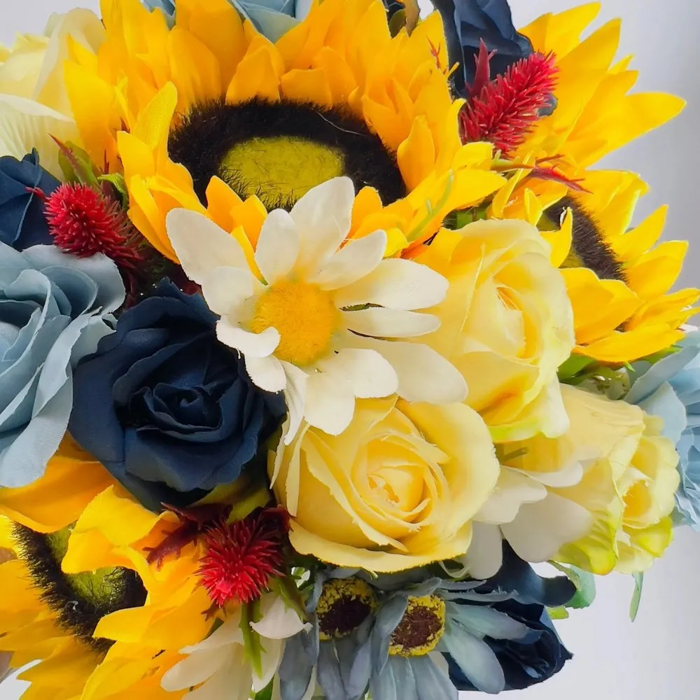 Dusty Blue, Sunflower And Yellow Artificial Rose Bouquet Package