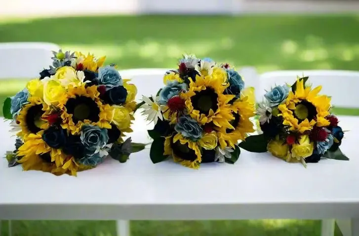 Dusty Blue, Sunflower And Yellow Artificial Rose Bouquet Package