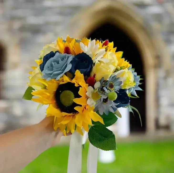 Dusty Blue, Sunflower And Yellow Artificial Rose Bouquet Package