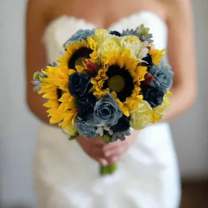 Dusty Blue, Sunflower And Yellow Artificial Rose Bouquet Package