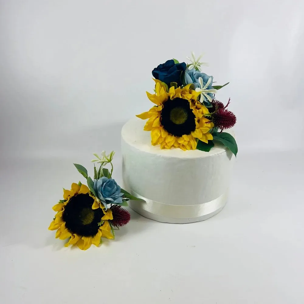 Dusty Blue, Sunflower And Yellow Artificial Rose Bouquet Package