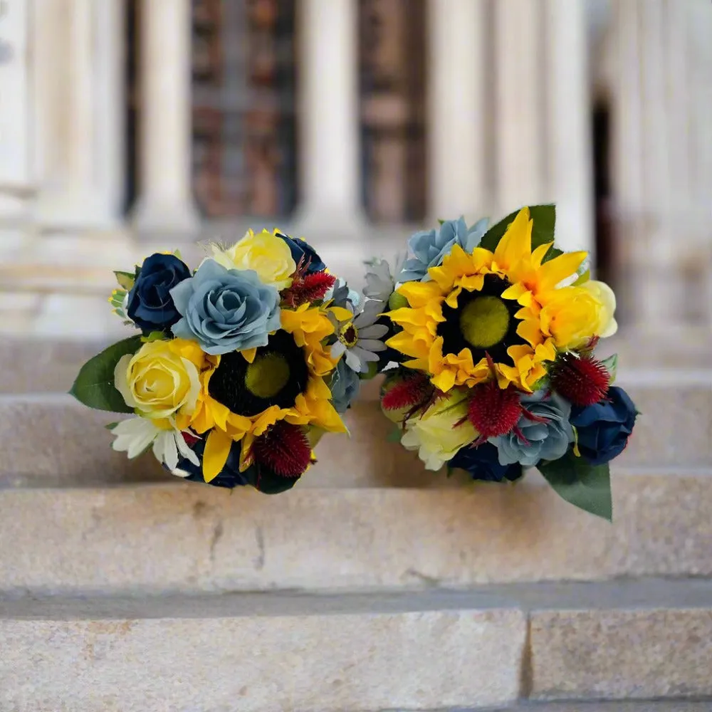Dusty Blue, Sunflower And Yellow Artificial Rose Bouquet Package
