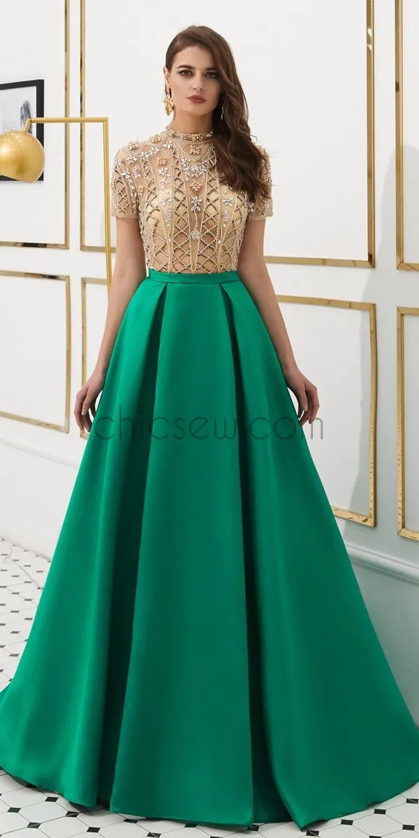 Elegant A-line Satin High Neck Beaded 1/4 Sleeves Prom Dress, YKX033