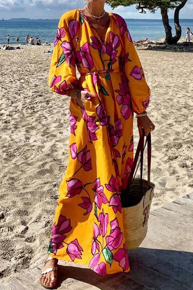 Elegant Vacation Floral Pocket Contrast V Neck A Line Dresses